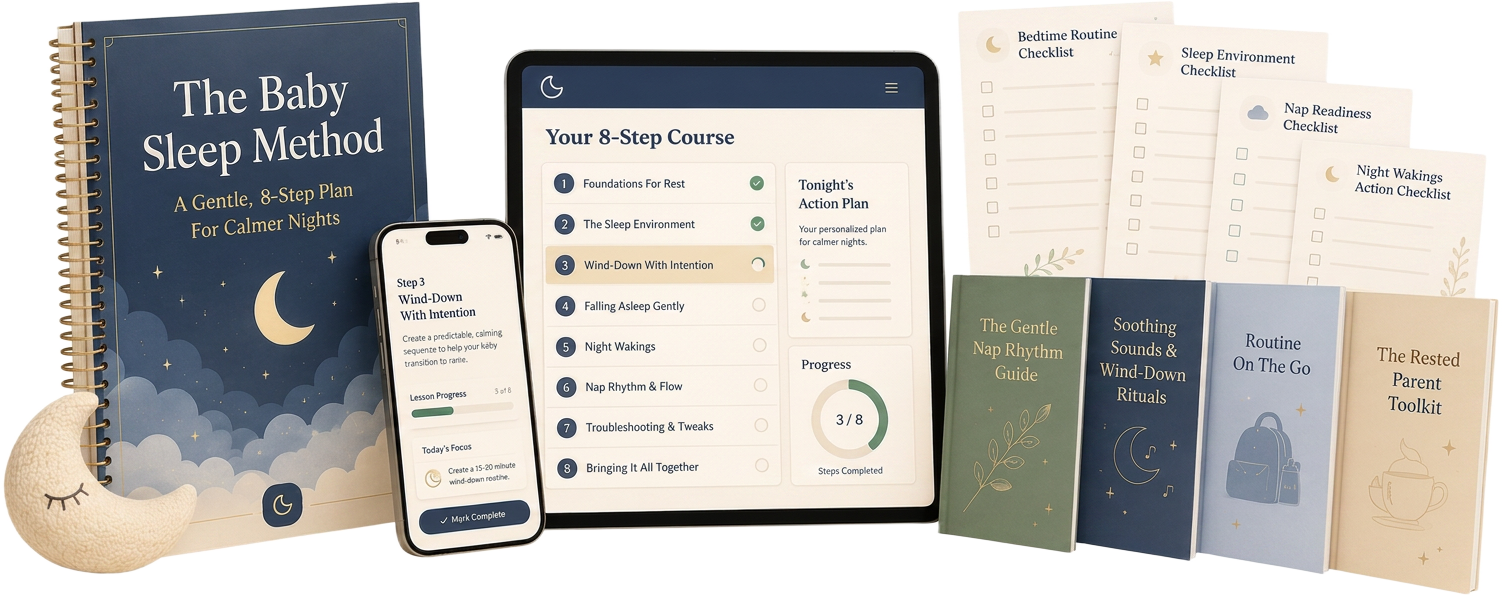 The Baby Sleep Method — complete digital program with the printed guide, phone and tablet member portal, bonus books, and printable checklists