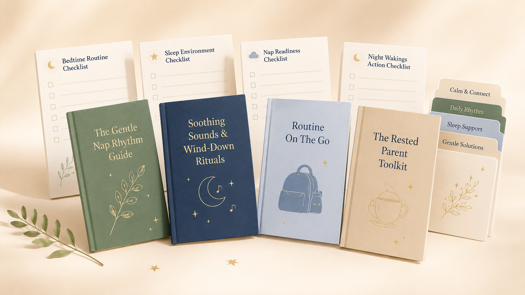 Four included bonus guides from The Sleep Baby System: The Gentle Nap Rhythm Guide, Soothing Sounds & Wind-Down Rituals, Routine On The Go, and The Rested Parent Toolkit, with printable checklists and quick-reference cards