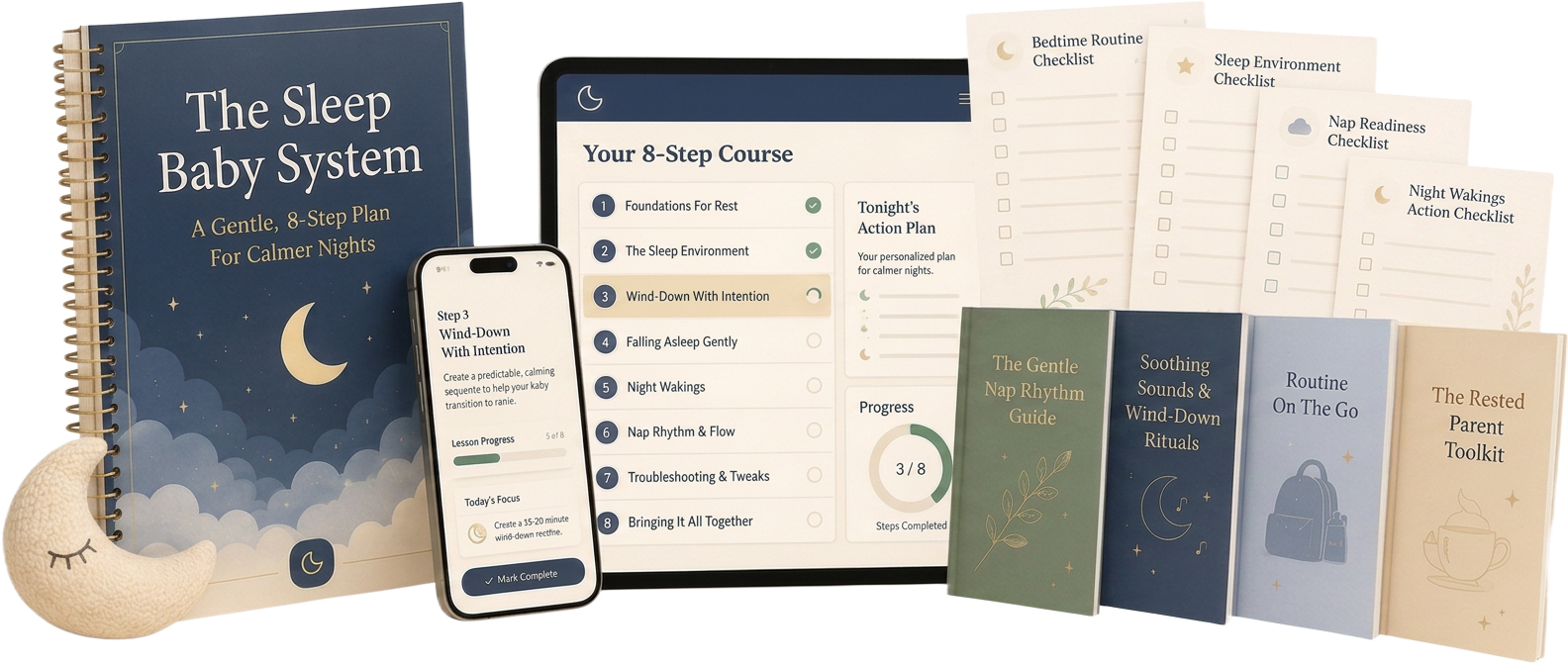 The Sleep Baby System — complete digital program shown on a tablet and phone beside the printable digital guide, bonus books, and printable checklists