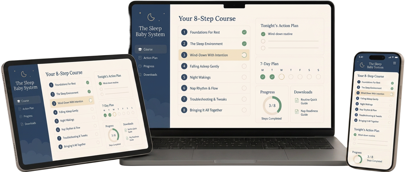 The Sleep Baby System member portal shown on a laptop, tablet, and phone with the 8-step course, action plan, and progress tracking