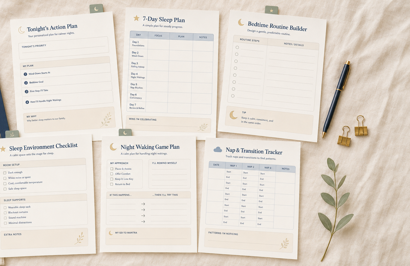 Printable checklists, trackers, and planners from The Sleep Baby System laid out on soft linen